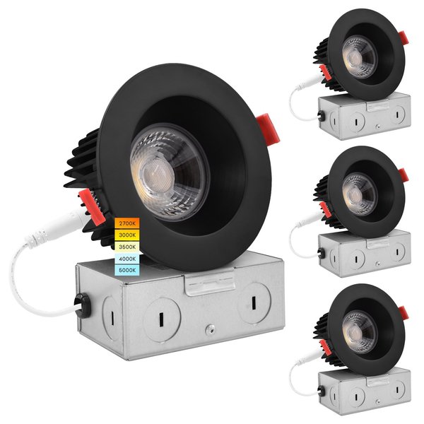 Luxrite 4 Inch LED Recessed Downlights 5 CCT Selectable 2700K-5000K 15W 1100LM Dimmable Black Trim 4-Pack LR24950 LR24956-4PK